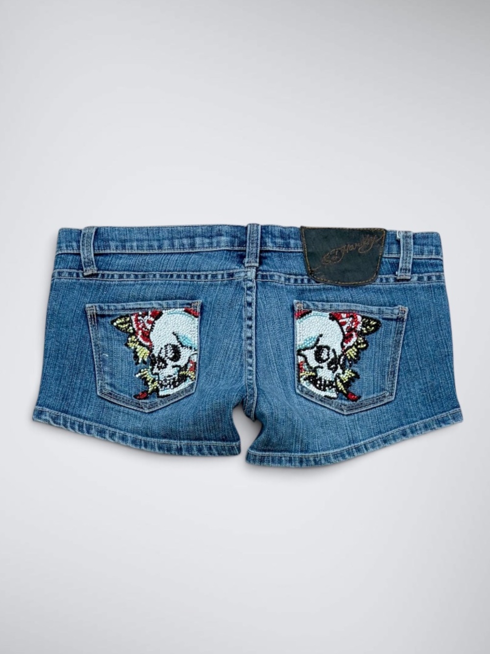 Y2K Ed Hardy Rhinestoned Skull Ultra Low Rise Micro Denim Shorts